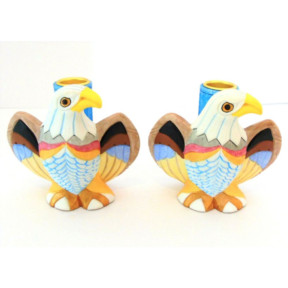 American Eagle Candle Holders Taper Candlestick Set 2 Southwest Birds 4.5" Vtg